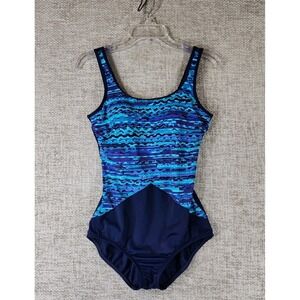 Lands End One Piece Swimsuit Womens 10 Navy Blue Print Shelf Bra